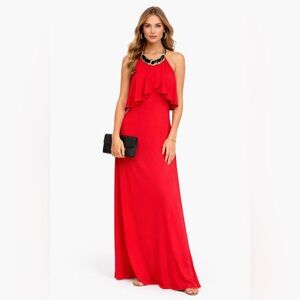 BEBE Y2K 00’s Halter Midi Dress Coral Red Ruffle Bead Necklace NEW size S